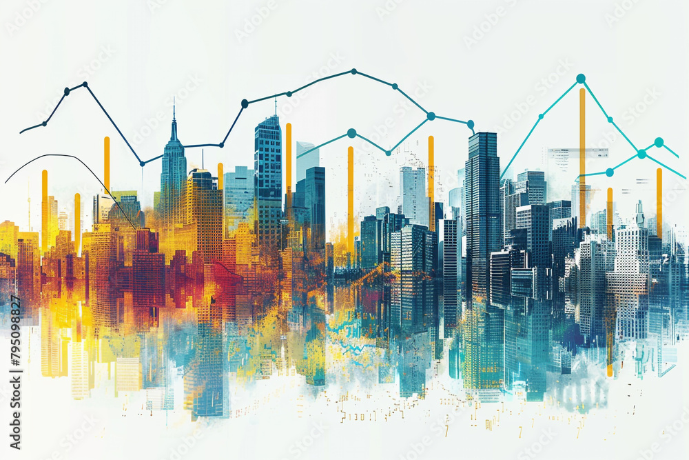 Obraz premium Growing Cityscape with Financial Graphs A city skyline growing alongside ascending financial graphs Perfect for real estate investment advertisements