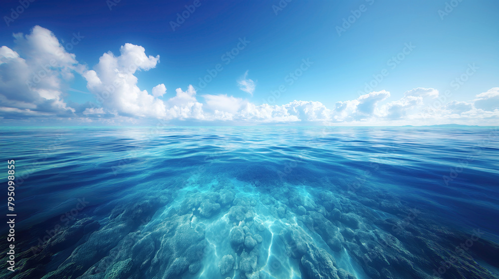 Tranquil underwater scene with coral reef. Seamless transition from undersea to sky with fluffy clouds