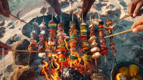 A cheerful beachside barbecue with friends, as savory skewers of seafood and colorful grilled vegetables sizzle over an open flame. photo