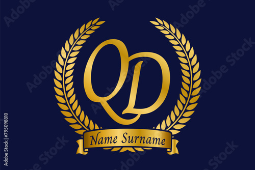 Initial letter Q and D, QD monogram logo design with laurel wreath. Luxury golden calligraphy font. (ID: 795098810)