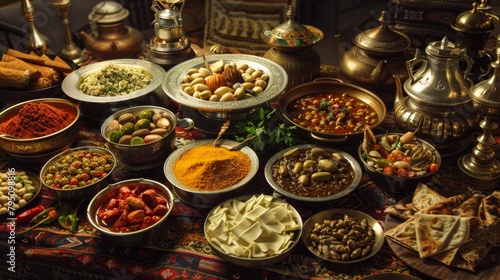 A mouthwatering display of Middle Eastern cuisine, featuring fragrant spices and exotic flavors