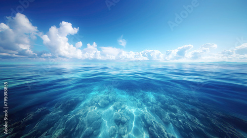 Tranquil underwater scene with coral reef. Seamless transition from undersea to sky with fluffy clouds