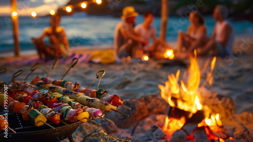 A cheerful beachside barbecue with friends, as savory skewers of seafood and colorful grilled vegetables sizzle over an open flame. photo