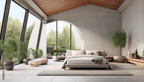 Modern contemporary loft bedroom with open door to garden 3d render The Rooms have concrete tile floors ,wooden plank ceiling,decorate with light gray fabric furniture
