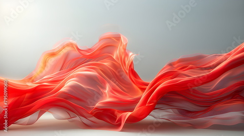 Flying red silk textile flag flag background. Smooth, elegant red satin sways graceful waves folds. isolated gray background. Red curtain.