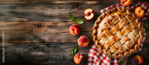 Peach pie and on a wooden table with space for text