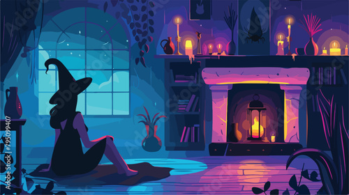 Young witch performing ritual at home Vector illustration photo