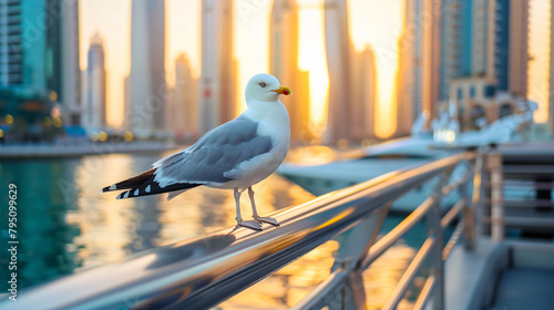 Seagull sits on the railing of the promenade in Dubai photo