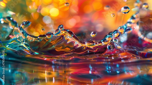 Abstract composition featuring an array of colorful water drops in motion