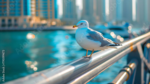 Seagull sits on the railing of the promenade in Dubai