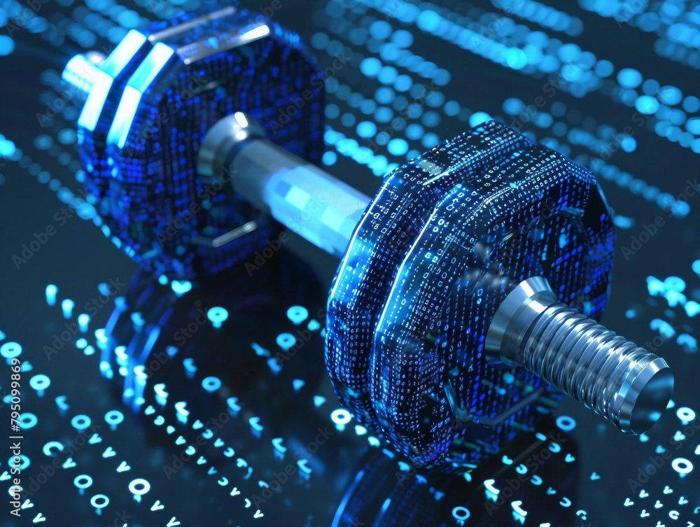 digital blue dumbbell with binary code , ai into fitness tracking apps ...