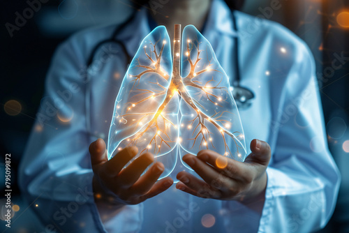 Male doctor's hands holding virtual glowing image of human lung © Firn