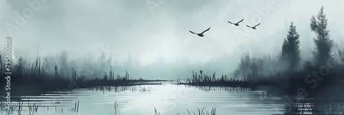  oil painting illustration nature scenery marshland with fog drift, artful painting style illustration with grungy brush stroke texture, Generative Ai	
 photo
