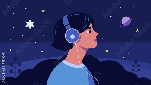 A person gazing at the stars with headphones in indulging in a curated playlist for stargazing and tranquility..