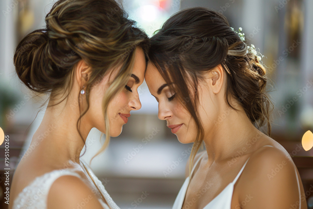 Young couple of lesbian brides in wedding dresses facing each other Young couple of lesbian brides in wedding dresses facing each other