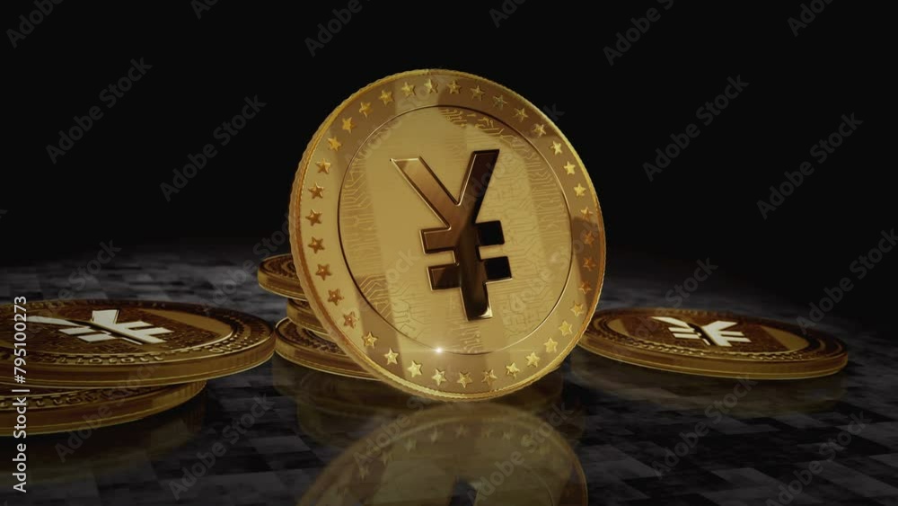 Yen Yuan cryptocurrency golden coin turning. camera rotates around the 3D metal glow coins. Fintech, online payment and digital transaction abstract concept. Yen Yuan cryptocurrency golden coin turning. camera rotates around the 3D metal glow coins. Fintech, online payment and digital transaction abstract concept.