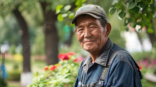 Image of an Asian man working smoothly in a public park in Tashkent, with a professional appearance