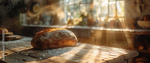 Loaf of Bread on Wooden Table photo