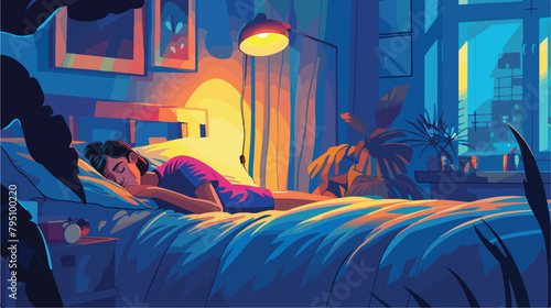 Young woman cannot sleep in bedroom at night Vector illustration photo