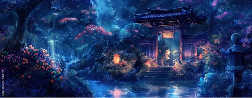 Chinese traditional Temple doorway in forest at night time, artful painting style illustration with grungy brush stroke texture, Generative Ai	
