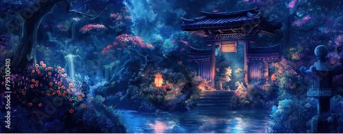Chinese traditional Temple doorway in forest at night time, artful painting style illustration with grungy brush stroke texture, Generative Ai 