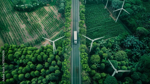 Aerial view of a logistics sustainability campaign with organizations implementing green practices