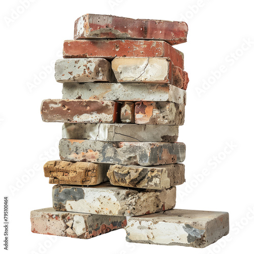 A stack of discarded bricks from a fireplace rigid and unyielding stands out boldly against a transparent background