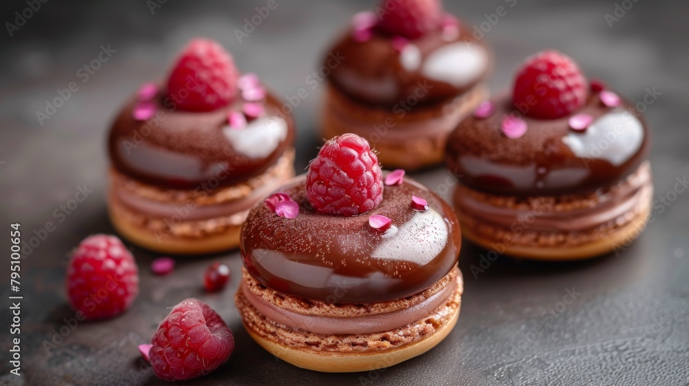 A group of chocolate covered pastries with raspberries on top, AI