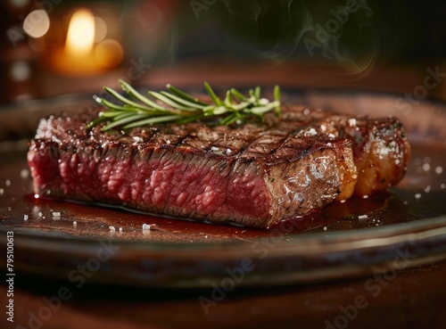 Steak on Plate With Rosemary Sprig