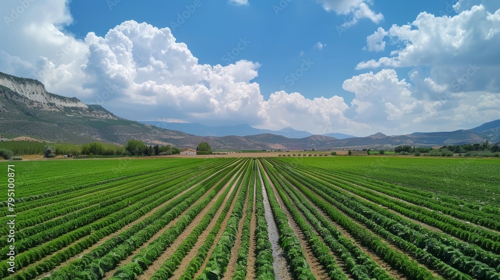 Agricultural landscape with green fields of crops and irrigation system