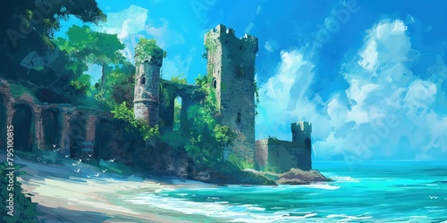 ancient abandon stronghold or castle at seaside , artful painting style illustration with grungy brush stroke texture, Generative Ai 