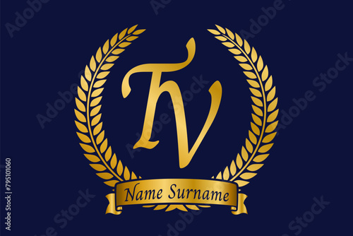 Initial letter T and V, TV monogram logo design with laurel wreath. Luxury golden calligraphy font. (ID: 795101060)