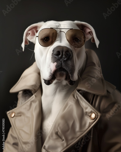 A charismatic Staffordshire dog posing as a boss, proud and confident, dressed like a masculine and tough human gangster, a strong and powerful leader