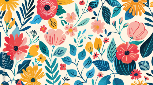 Hand drawn flowers and leaves pattern. Vector illustration