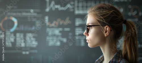The smart young woman is thinking about business ideas. Abstract background with digital details and copy space. 
