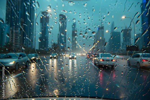 A car window is covered in raindrops