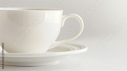 A close-up of a classic white cup and saucer, the elegant design and curves highlighted against a clean white backdrop, captured in high-definition.