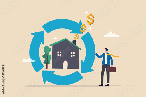 Reverse mortgage, home owner exchange for regular payment, loan or income, property or real estate for banking payment concept, businessman with reverse mortgage house produce dollar money signs.