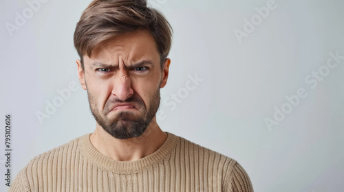 A man with a beard and a frowning face is wearing a brown sweater. He looks unhappy and unapproachable photo