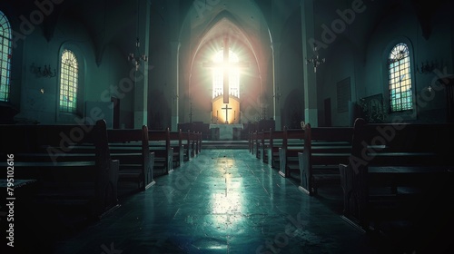 A church with a cross in the middle of it and empty pews, AI