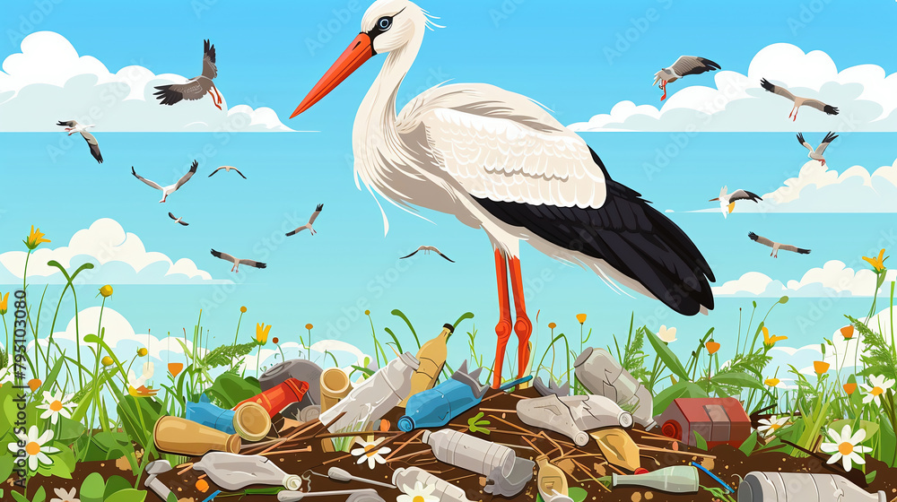 Fototapeta premium stork made a nest out of garbage. Environment pollution problem.