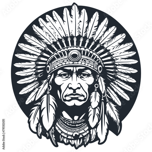 Head of an Indian chief wearing a feather headdress, Vector illustration