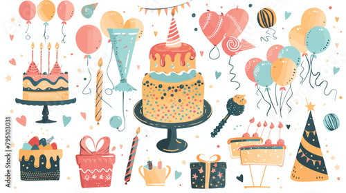 Happy birthday party elements collection. Cakes ballo