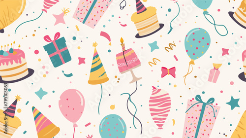 Happy birthday pattern. Cakes balloons gifts and part