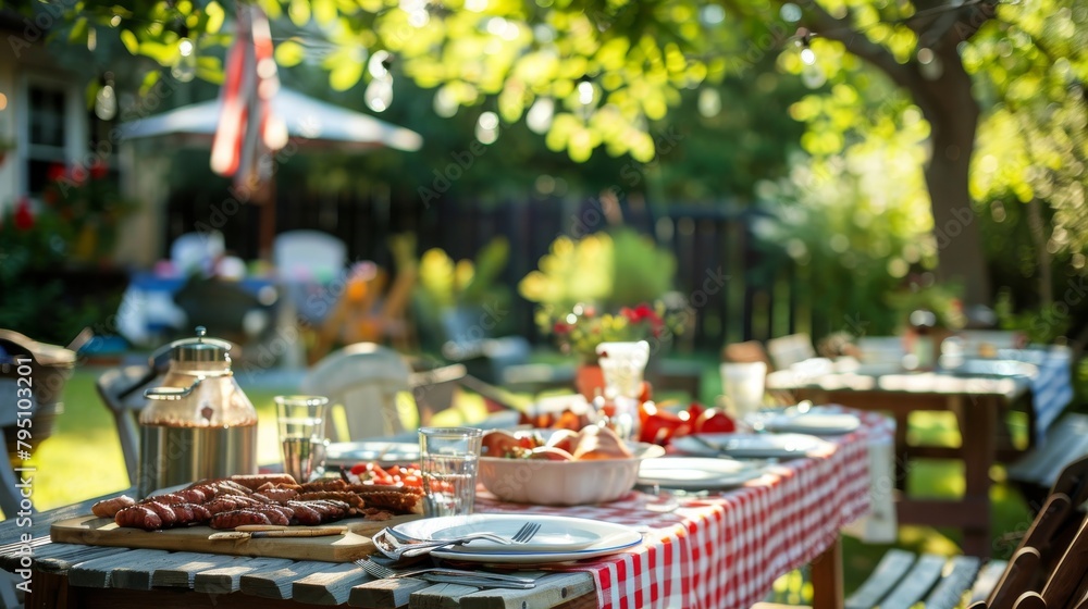 Backyard barbecue backdrop with tables set for July 4th feasting