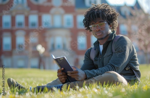 Man Sitting in Grass Looking at Tablet