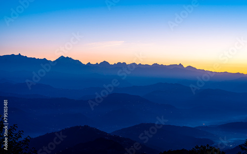 gloomy sunrise over mountains in Nepal.