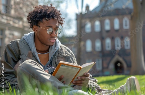 Man Sitting in Grass Looking at Tablet