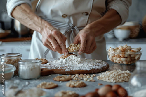 Healthy baking scene with a chef preparing gluten-free cookies using rice flour and natural sweeteners, kitchen counter setup