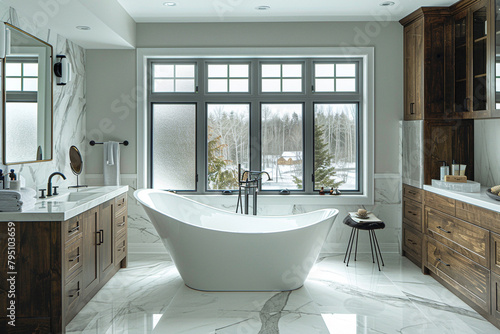 A modern and sophisticated bathroom with a freestanding bathtub  marble accents  and a stylish vanity.